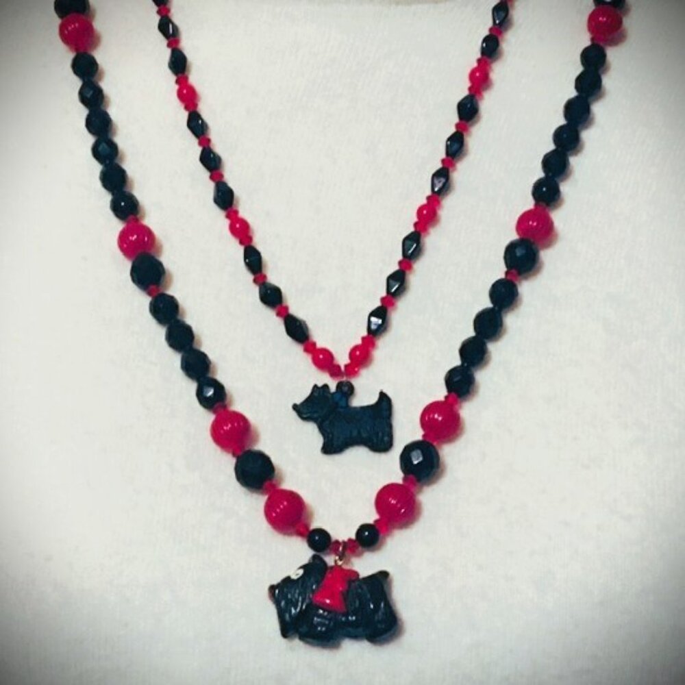 2  Scottie Dog 1940s/1950s Necklaces Strung on Red Lucite & Black Faceted Beads
